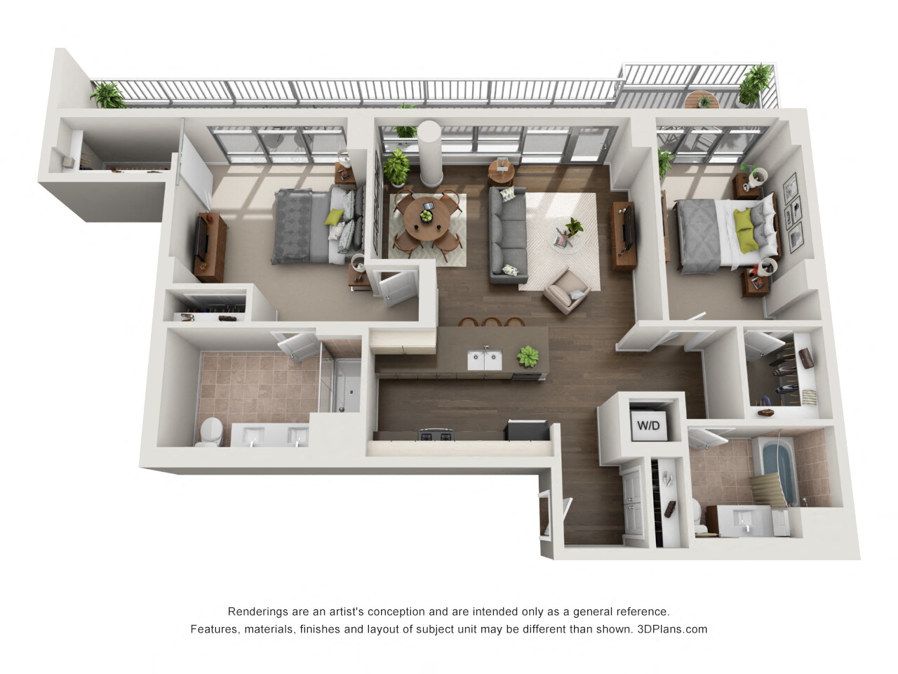 Floor plan for 2 beds, 2 baths, 1192 sqft